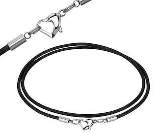 Auroris genuine leather chain black 2.5 mm with heart-shaped stainless steel snap fastener