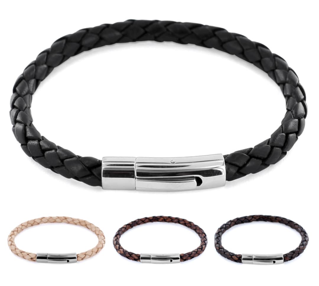 AURORIS Genuine Leather Bracelet Braided 5 Mm With Lever Pressure Clasp Made of Stainless Steel Color Selectable - Etsy Denmark
