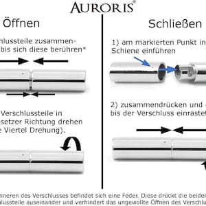 May include: Diagram showing how to open and close a silver metal clasp. The clasp is made of two pieces that fit together. To open the clasp, push the two pieces together and then turn one piece a quarter turn. To close the clasp, insert the two pieces into the track and then push them together and turn one piece a quarter turn.