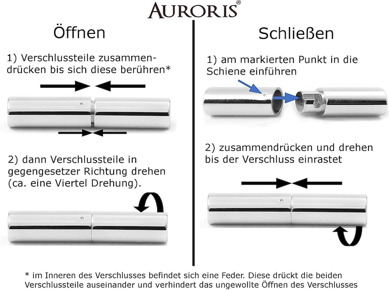 May include: Diagram showing how to open and close a silver metal clasp. The clasp is made of two pieces that fit together. To open the clasp, push the two pieces together and then turn one piece a quarter turn. To close the clasp, insert the two pieces into the track and then push them together and turn one piece a quarter turn.