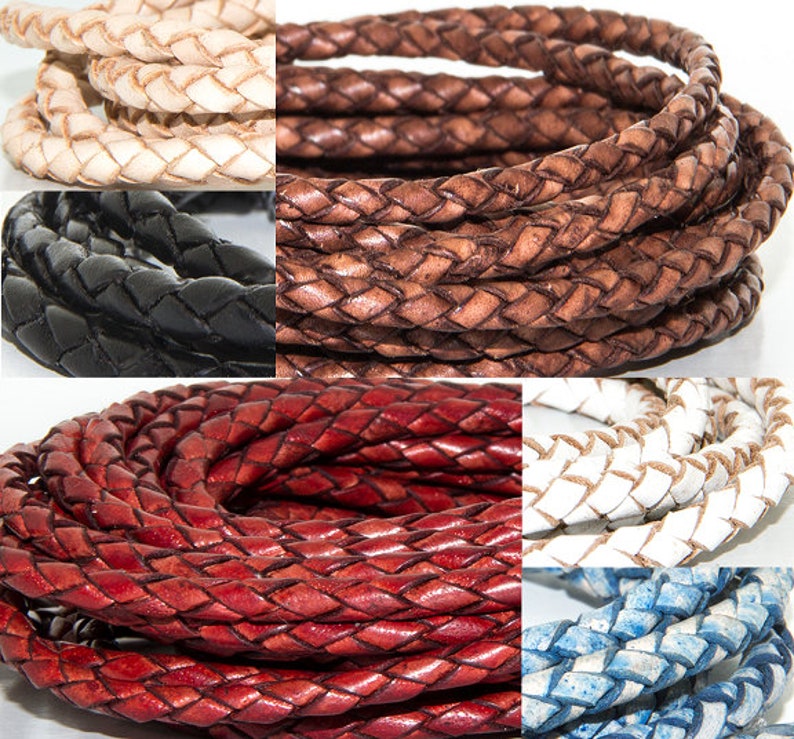 May include: A close-up of six spools of braided leather cord in various colors, including white, brown, black, red, and blue. The leather cord is woven in a diamond pattern.