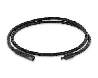 Auroris genuine leather chain braided 3 mm color: black with lever pressure clasp made of matt black stainless steel