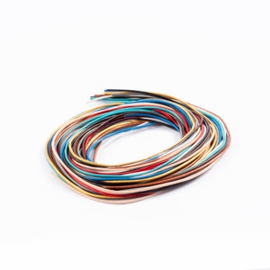 Könnte beinhalten: Ein Bündel bunter Lederkordeln in verschiedenen Blautönen, Rot, Braun, Gold und Creme. Die Kordeln sind kreisförmig angeordnet und bilden ein dekoratives und vielseitiges Bastelmaterial.