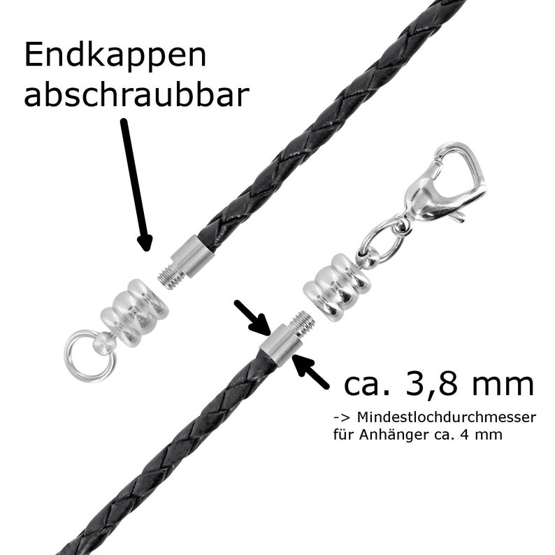 Auroris Echtleder Kette geflochten 3mm schwarz mit schraubbarem Karabinerverschluss aus Edelstahl Länge wählbar Bild 3