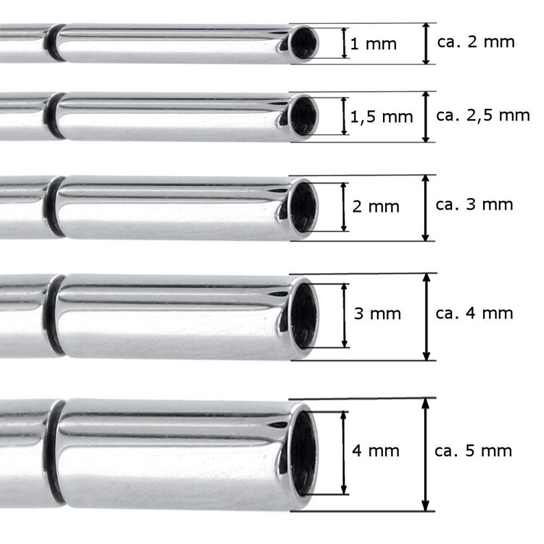 May include: Five silver metal tubes of varying lengths and diameters. The tubes are labeled with their inner diameter in millimeters, ranging from 1 mm to 4 mm, and their approximate outer diameter in millimeters, ranging from 2 mm to 5 mm.