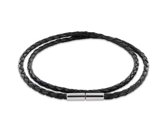 Auroris real leather chain braided black Thickness 3 mm with stainless steel tunnel clasp