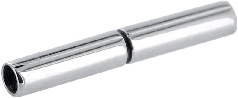May include: A silver-toned metal connector for a bracelet or necklace. The connector is cylindrical and has a smooth, polished finish.