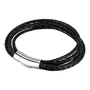 Könnte beinhalten: Ein schwarzes Lederarmband mit geflochtenem Design und einem silbernen Verschluss.