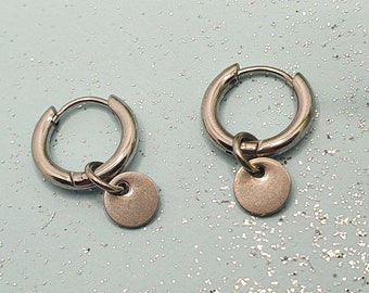 STEEL - Small silver hoops with small hanging plate, earrings, for boys and girls, crafts, jewelry.
