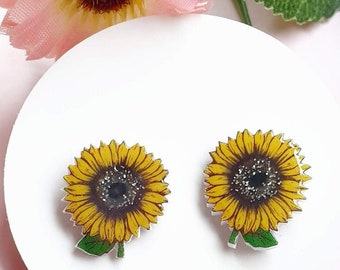 SUNFLOWER earrings, sunflower, summer flower, steel base, glued to the ear. handmade, pretty yellow flower, cottage, beach