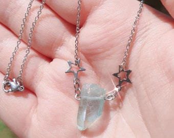 Stainless steel magic pendant with aquamarine quartz and silver stars, fine chain, esoteric jewelry, for witches, spells