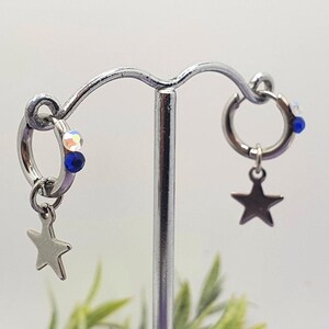 STEEL - STAR small hoop earrings with rhinestones, small silver star, jewelry. women's earrings, blue, white stones, gift.