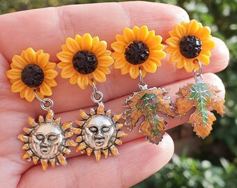 Long sunflower earrings with autumn or sun leaf painted by hand. Modern and elegant autumn style. For witches and countryside style.