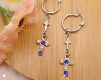 STEEL - Long hoop earrings with cross design and colored crystals. Religious design, white and blue. Women's fashion, nice gift.