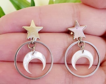 Magical stainless steel earrings, attached to the ear, with mother-of-pearl stars and moons, esoteric jewelry, for witches, spells and spells