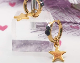 Small golden stainless steel hoops, with black diamonds and stars, stellar, galaxy, stones, crafts, jewelry.