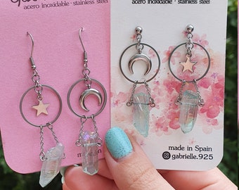 Magical stainless steel earrings, with aquamarine quartz and moon and star charms, esotericism, witches, spells, gift