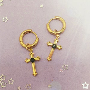Small golden stainless steel hoops, gothic cross with shiny black, stones, earrings, crosses, crafts, jewelry, hypoallergenic