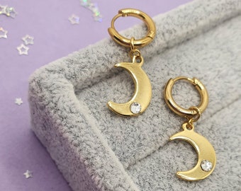 STEEL - Small golden hoops of moons with brilliant white, stones, zirconia, space, earrings, galaxy, stones, crafts, jewelry.