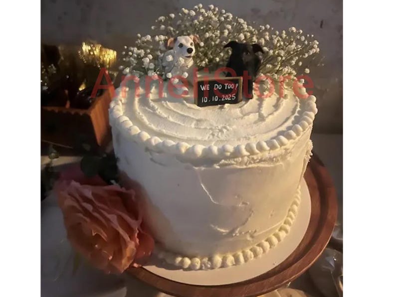 May include: A round white frosted cake topped with white baby's breath flowers, a small black and white dog figurine, and a black rectangular sign with the white text WE DO TOO! 10.10.2025. A large peach-colored artificial flower is attached to the side.
