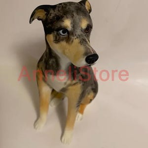 May include: A ceramic dog figurine featuring a merle coat pattern with shades of gray, black, and tan. The dog has one blue eye and one brown eye, white paws, and a black nose. The text AnneliStore is visible across the center of the figurine.