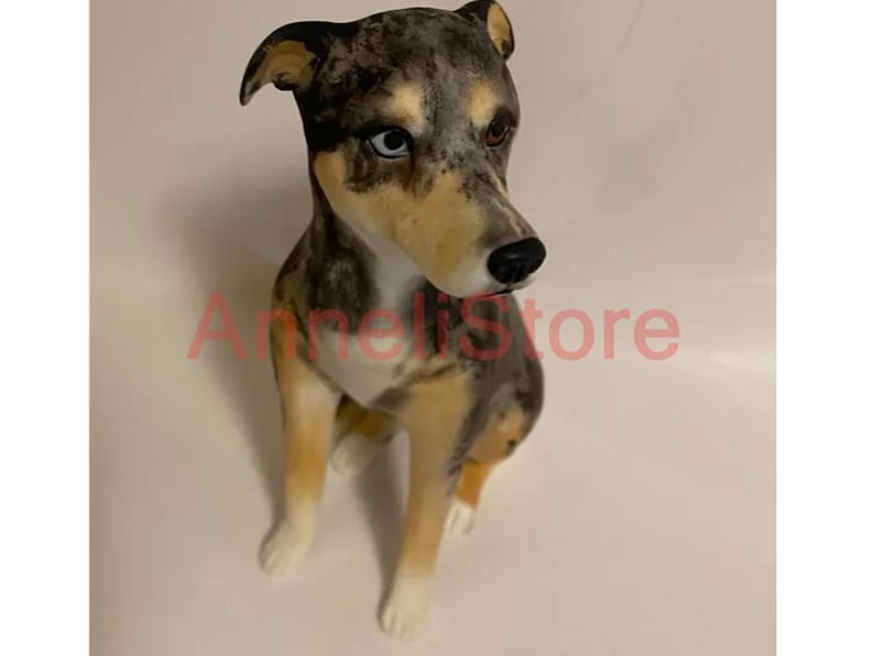 May include: A ceramic dog figurine featuring a merle coat pattern with shades of gray, black, and tan. The dog has one blue eye and one brown eye, white paws, and a black nose. The text AnneliStore is visible across the center of the figurine.