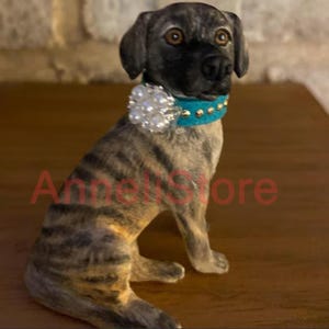 May include: A brindle dog figurine with a dark muzzle and brown eyes, wearing a bright turquoise collar adorned with gold-tone studs and a large, round cluster of white faux pearls. The text AnneliStore is visible in red across the dog's body.