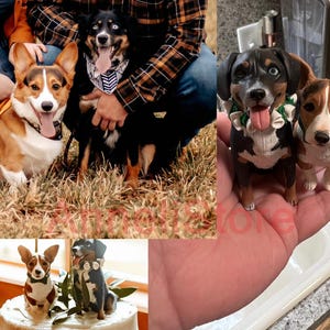 May include: Two custom dog figurines modeled after a tricolor Corgi and a black, tan, and white dog with one blue eye. The figurines feature detailed fur textures, painted expressions, and small collars, shown held in a hand and as cake toppers.