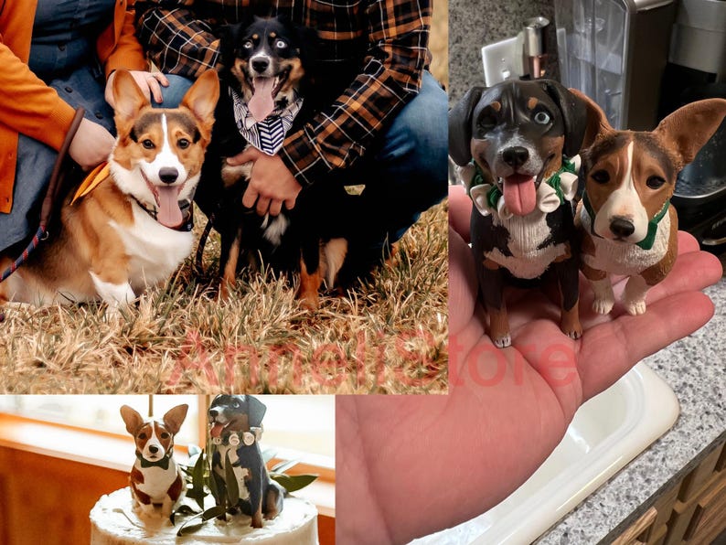 May include: Two custom dog figurines modeled after a tricolor Corgi and a black, tan, and white dog with one blue eye. The figurines feature detailed fur textures, painted expressions, and small collars, shown held in a hand and as cake toppers.