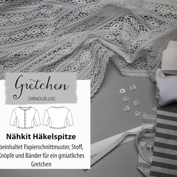 Nähkit Häkelspitze weiß / Dirndlbluse Gretchen / Stoffpaket Gr. 34-44