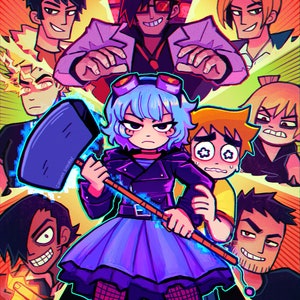 May include: A colorful illustration of a group of characters, including a female character with blue hair and a purple dress holding a large hammer. The characters are surrounded by a bright yellow and orange background with a comic book style.