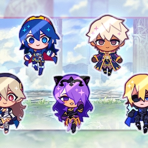 May include: Five colorful cartoon character stickers featuring characters from the Fire Emblem series. The characters are in a chibi style and are wearing their signature outfits. The stickers are on a white background.