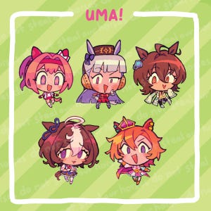 K&ouml;nnte beinhalten: Eine Sammlung von f&uuml;nf Illustrationen von Anime-Charakteren im Chibi-Stil. Jeder Charakter hat einzigartige Haar- und Outfit-Designs mit leuchtenden Farben wie Pink, Lila und Orange. Das Wort "UMA!" steht oben. Der Hintergrund ist hellgr&uuml;n mit diagonalen Streifen und Text.