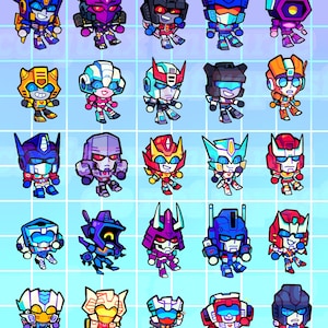 May include: A grid of 25 cartoon robot characters, each with a different color scheme and design. The robots are all in a chibi style, with large heads and small bodies. They are all posed in a standing position, with their arms at their sides. The robots are all wearing different expressions, some are smiling, some are frowning, and some are neutral.