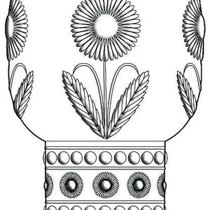 May include: A detailed black and white drawing of a stemmed glass. The glass features a large daisy design in the center, with smaller daisies and leaf accents. The base is decorated with circular and floral patterns.