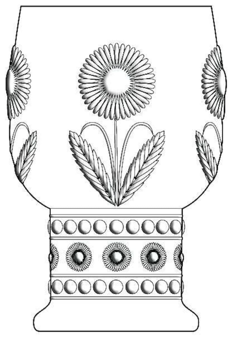 May include: A detailed black and white drawing of a stemmed glass. The glass features a large daisy design in the center, with smaller daisies and leaf accents. The base is decorated with circular and floral patterns.