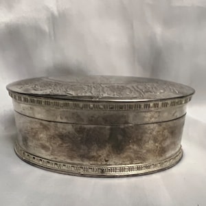 vintage ovale plaqué argent couvercle à charnière boîte à bijoux velours doublé floral gaufré