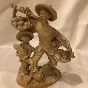 Antique Chinese Figurine Depicting An Elderly Fisherman and Boy