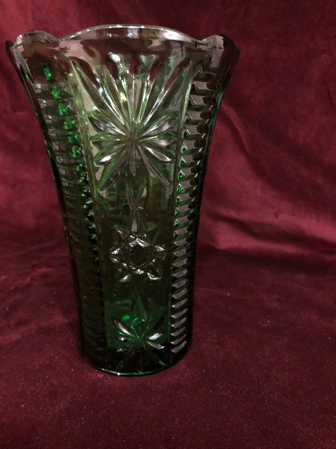 Vintage Green Cut Glass Flower Vase Etsy