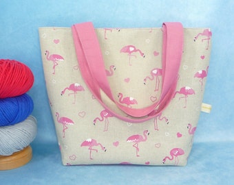 Henkeltasche für Projekte L mit Flamingos | Handarbeitstasche für unterwegs | Projekttasche mit Henkel | kleiner Shopper | Utensilo
