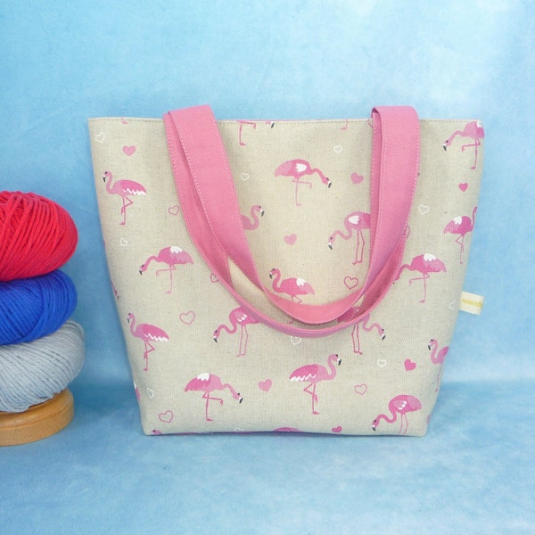 Henkeltasche für Projekte L mit Flamingos | Handarbeitstasche für unterwegs | Projekttasche mit Henkel | kleiner Shopper | Utensilo