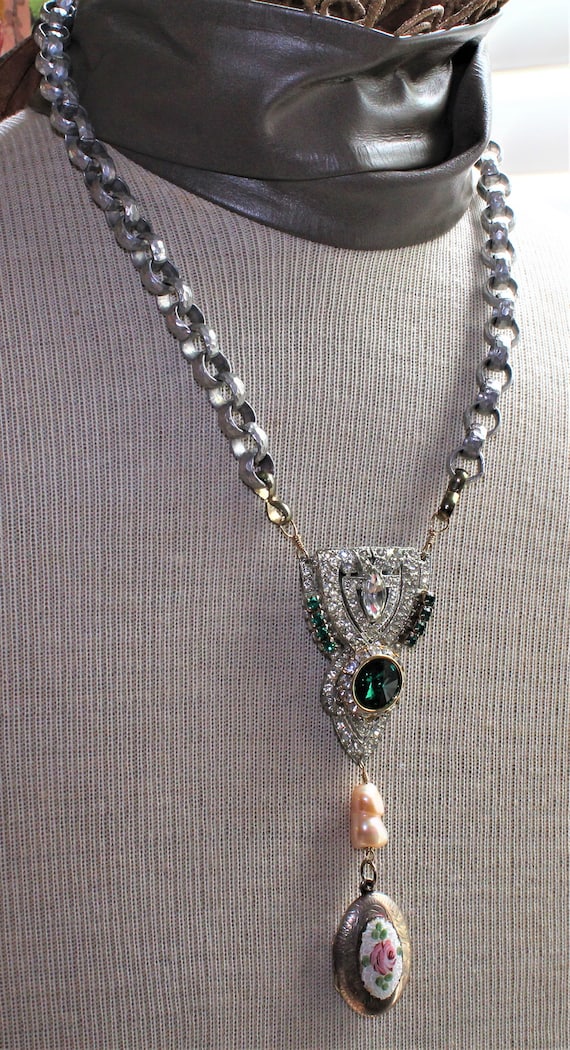 Art Deco/Edwardian/Mid Century Necklace/Clear Rhinest… Gem