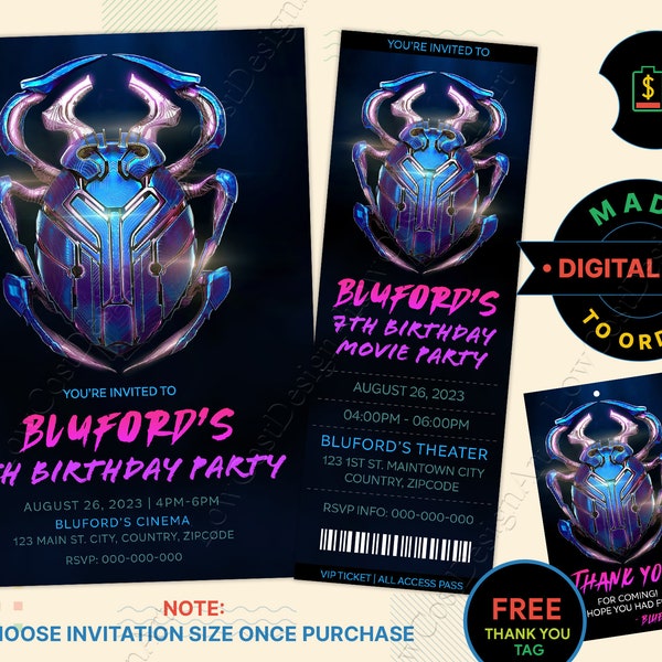 BLUE BEETLE Birthday Invitation, Blue BEETLE Movie Ticket, Blue Beetle Invitation, Beetle Invitation, Blue Beetle Tags, Beetle Party