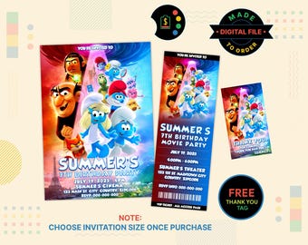 SMURFS Birthday Invitation, Smurfs Movie Ticket, Smurfs Thank You Tag, Smurfs Digital Invite, Smurfs Birthday Party, Smurfs Movie Party