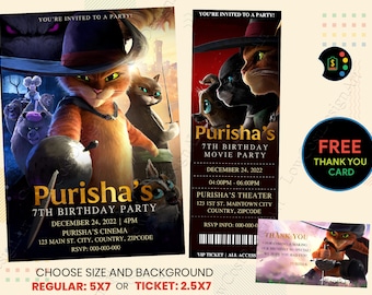 Puss in Boots The Last Wish Birthday Invitation, Puss in Boots The Last Wish Movie Ticket, Puss in Boots Birthday Invitation, Puss in Boots