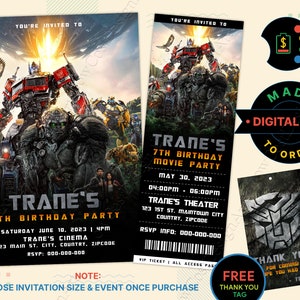 TRANSFORMERS RISE of the BEASTS Geburtstagseinladung, Transformatoren der Aufstieg der Bestien Movie Ticket, Transfers Geburtstags-Tags, Transformatoren