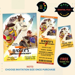 Pode incluir: Um conjunto de convites de arquivo digital para uma festa de aniversário de cinema. O conjunto inclui um convite grande, um bilhete e uma etiqueta de agradecimento, todos com personagens de desenhos animados. O convite diz "Badger's Birthday Movie Party".