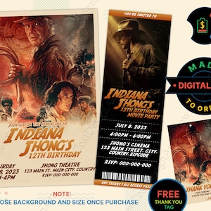 Indiana Jones und das Zifferblatt Geburtstagseinladung, Indiana Jones Geburtstag Kinokarte, Indiana Jones Geburtstagseinladung