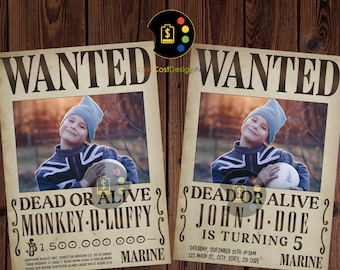 Cartaz de procurado de One Piece, convite de anime de One Piece, convite de aniversário de One Piece, convite de aniversário de anime de One Piece, Monkey D. Luffy