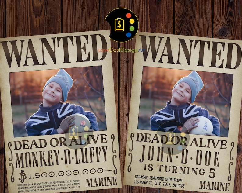 May include: A vintage-style "Wanted" poster with a photo of a young boy holding a ball. The poster has the text "Dead or Alive" and "Monkey D. Luffy" with a bounty of "$1,500,000,000" and the word "Marine" at the bottom.
